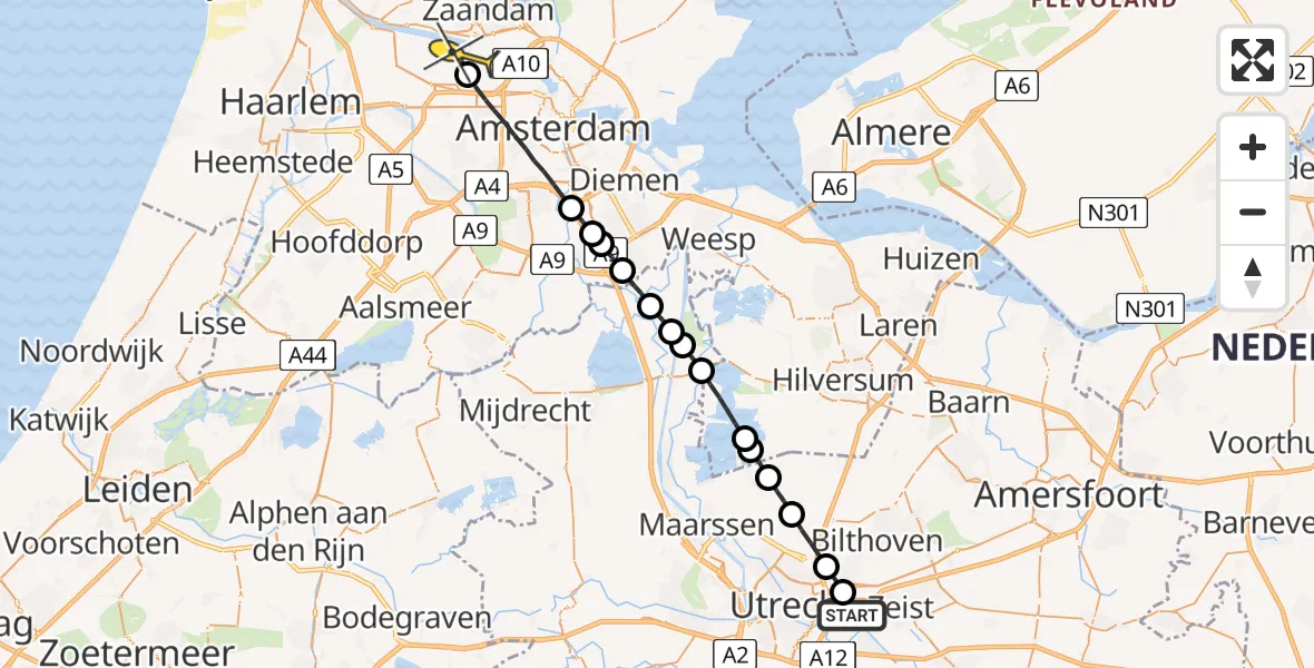 Routekaart van de vlucht: Lifeliner 1 naar Amsterdam Heliport