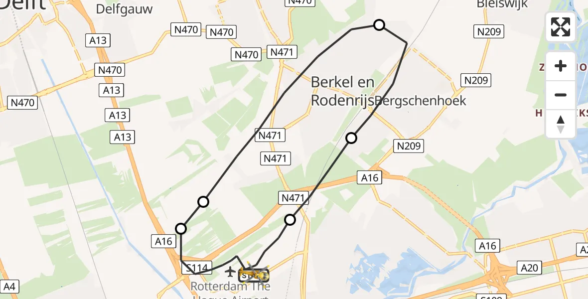Vluchtroute Traumahelikopter Rotterdam The Hague Airport - Rotterdam The Hague Airport, 16 september 2023, 21:53