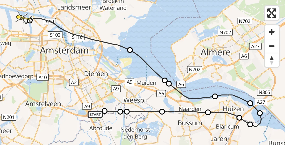 Routekaart van de vlucht: Lifeliner 1 naar Amsterdam Heliport