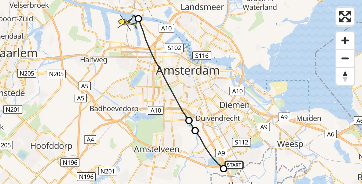 Routekaart van de vlucht: Lifeliner 1 naar Amsterdam Heliport