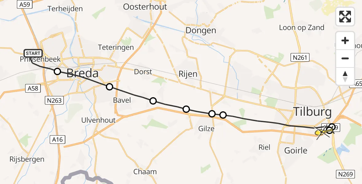 Routekaart van de vlucht: Lifeliner 2 naar Tilburg