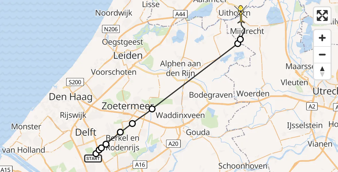 Routekaart van de vlucht: Politieheli naar Uithoorn