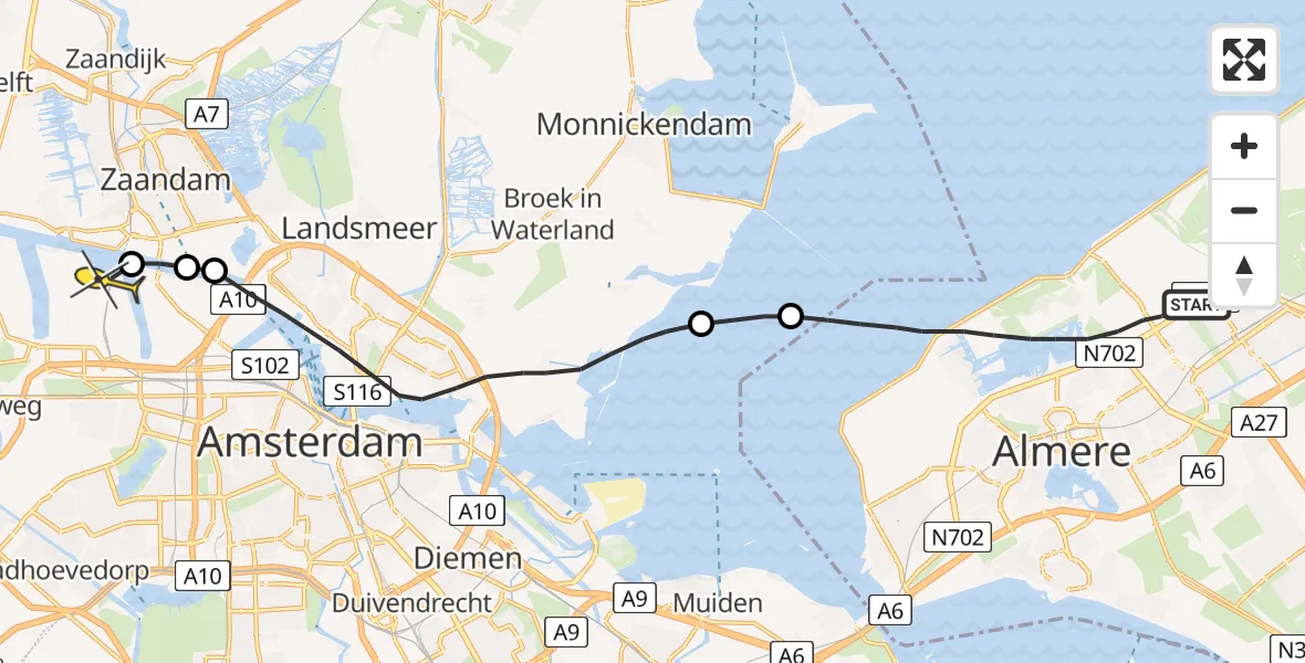 Routekaart van de vlucht: Lifeliner 1 naar Amsterdam Heliport