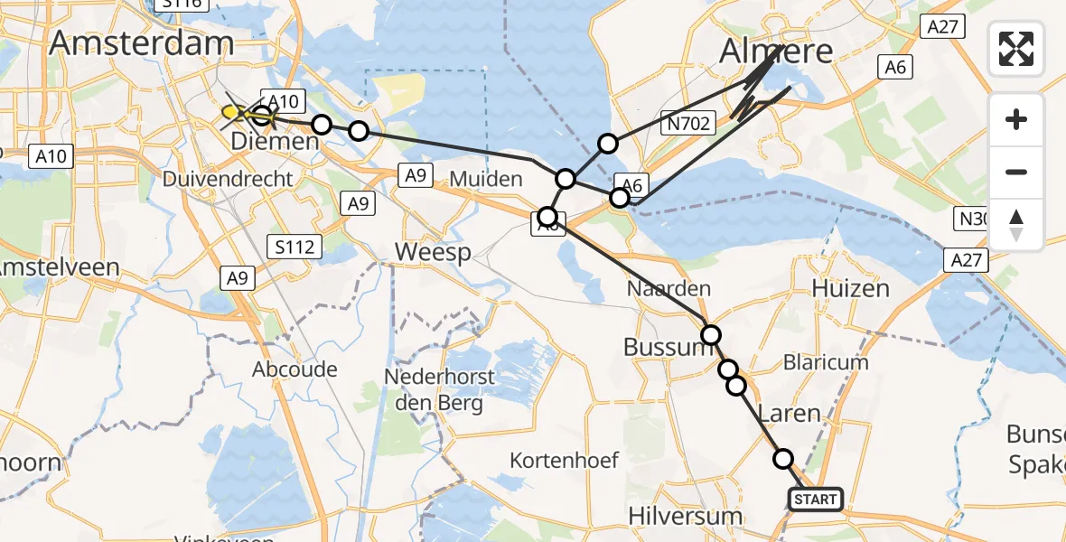 Routekaart van de vlucht: Politieheli naar Amsterdam