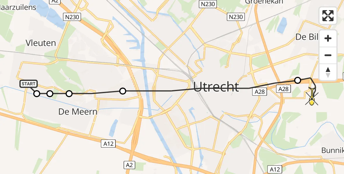 Routekaart van de vlucht: Lifeliner 1 naar Universitair Medisch Centrum Utrecht