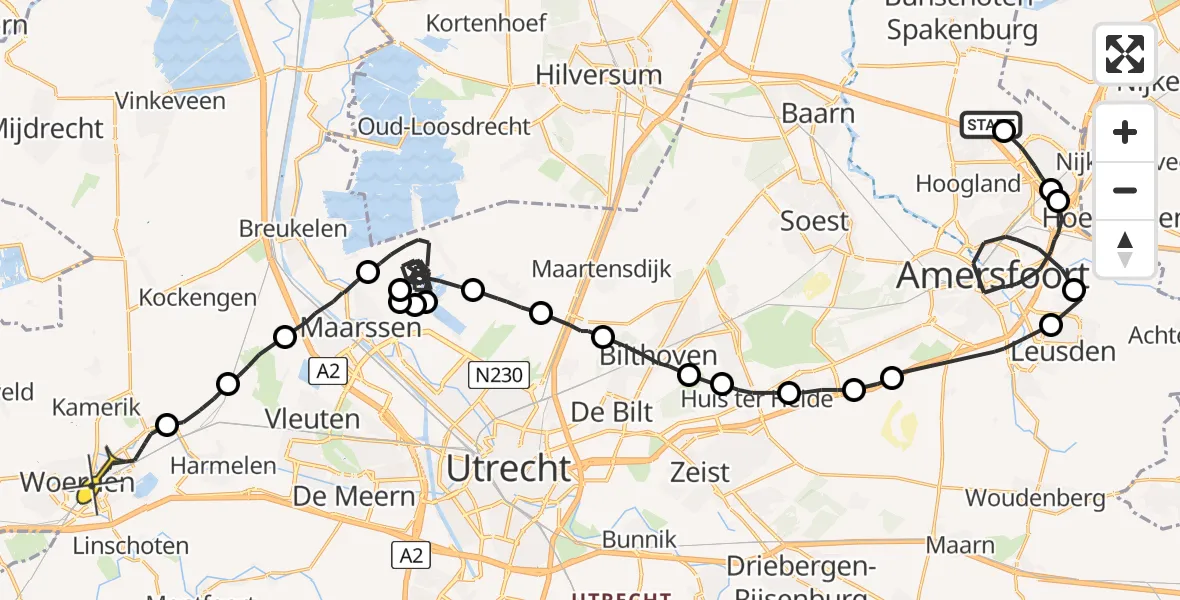 Routekaart van de vlucht: Politieheli naar Woerden