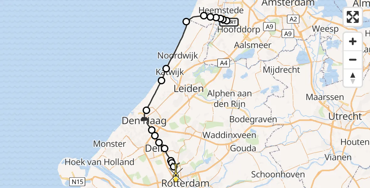 Routekaart van de vlucht: Politiehelikopter naar Rotterdam The Hague Airport
