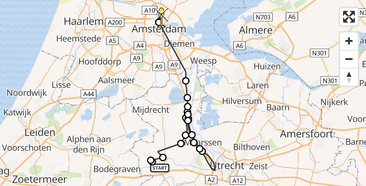 Routekaart van de vlucht: Politiehelikopter naar Amsterdam