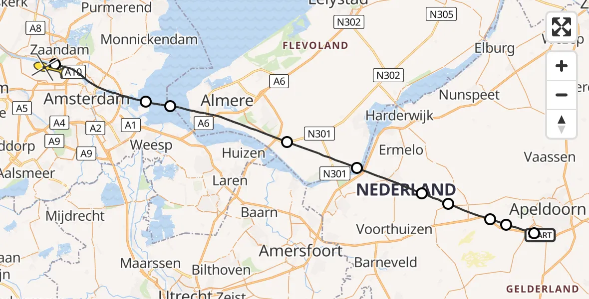 Routekaart van de vlucht: Lifeliner 1 naar Amsterdam Heliport