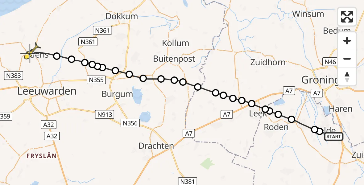 Routekaart van de vlucht: Lifeliner 4 naar Stiens