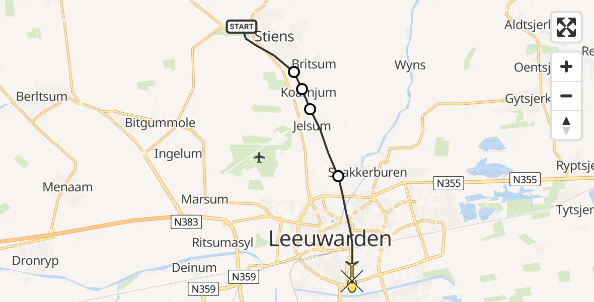 Routekaart van de vlucht: Lifeliner 4 naar Leeuwarden