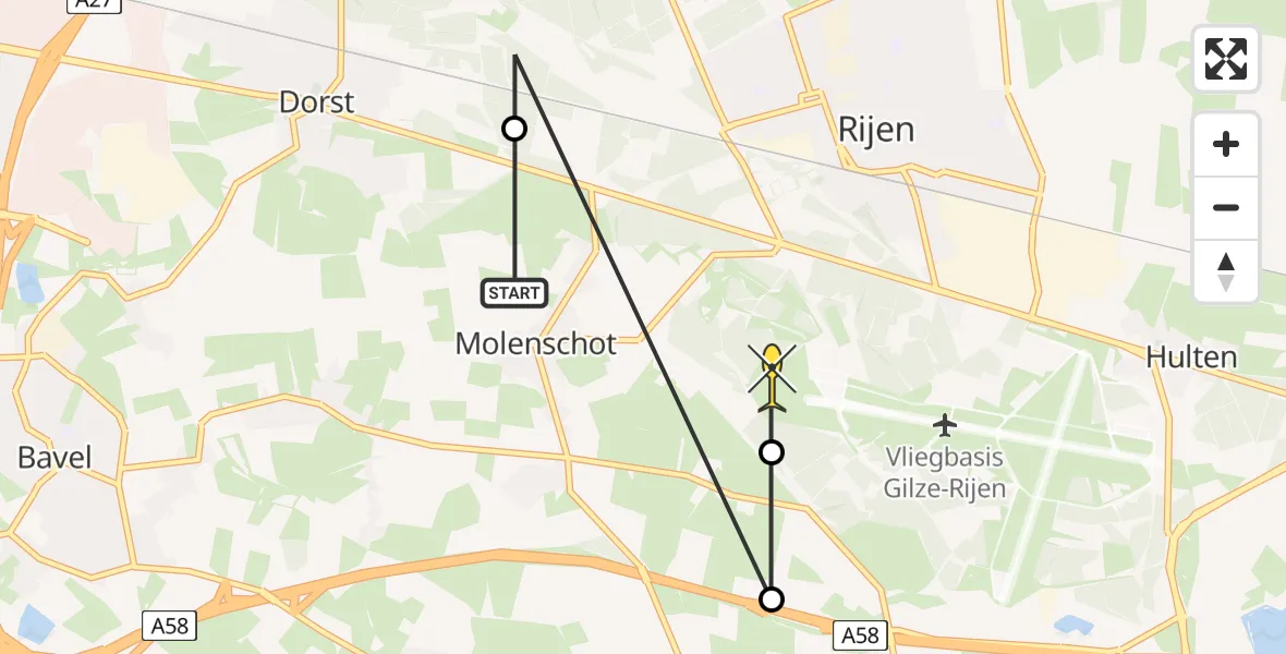 Routekaart van de vlucht: Politiehelikopter naar Vliegbasis Gilze-Rijen