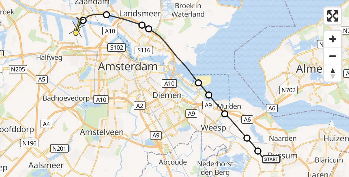 Routekaart van de vlucht: Lifeliner 1 naar Amsterdam Heliport