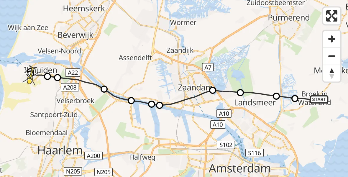 Routekaart van de vlucht: Lifeliner 1 naar IJmuiden