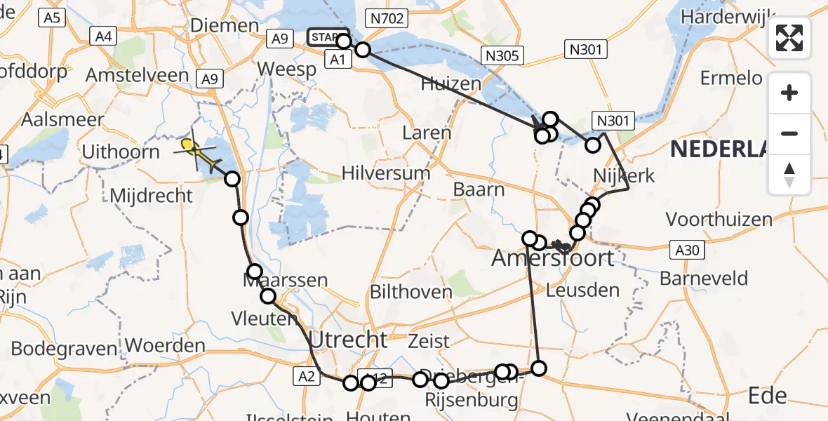 Routekaart van de vlucht: Politiehelikopter naar Waverveen
