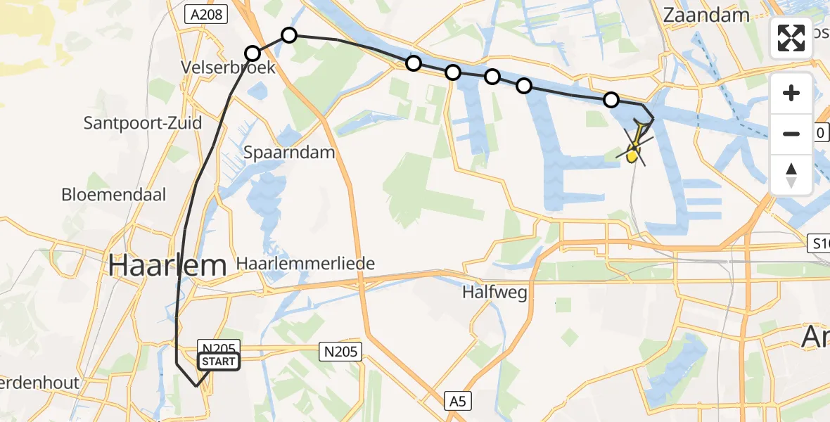 Routekaart van de vlucht: Lifeliner 1 naar Amsterdam Heliport