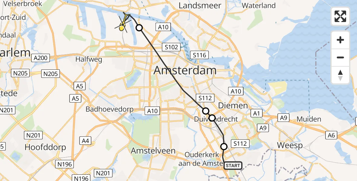 Routekaart van de vlucht: Lifeliner 1 naar Amsterdam Heliport