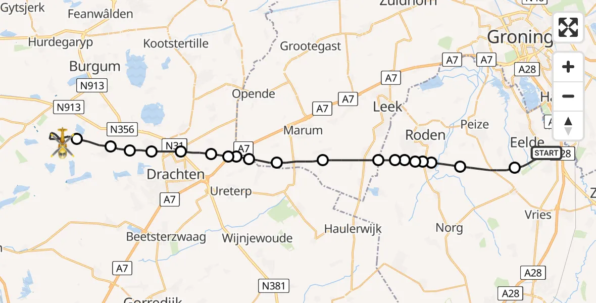 Vluchtroute Traumahelikopter Groningen Airport Eelde - Earnewâld, 21 september 2023, 02:08