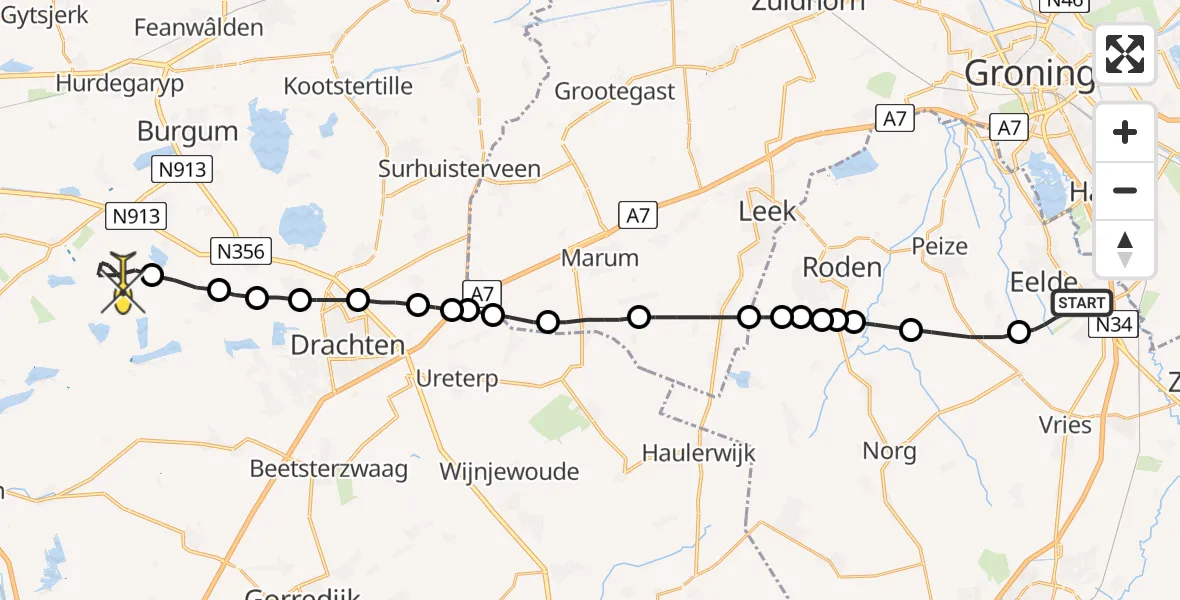 Routekaart van de vlucht: Lifeliner 4 naar Earnewâld