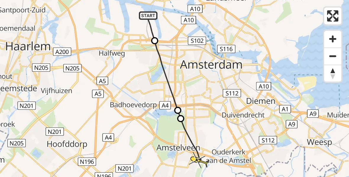 Routekaart van de vlucht: Lifeliner 1 naar Amstelveen