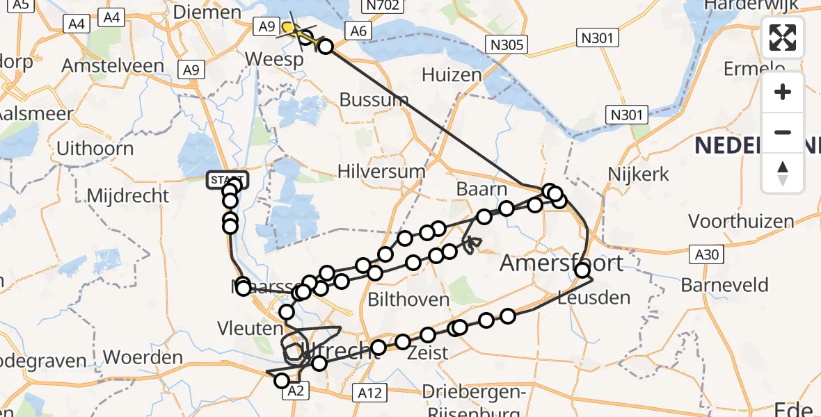 Routekaart van de vlucht: Politiehelikopter naar Muiden