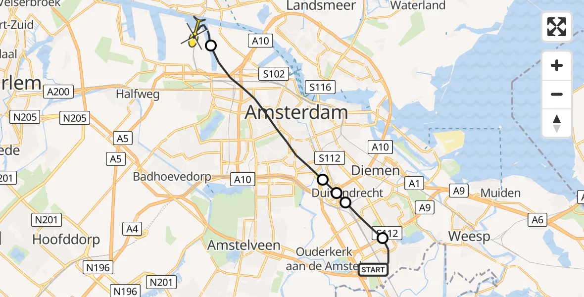 Routekaart van de vlucht: Lifeliner 1 naar Amsterdam Heliport