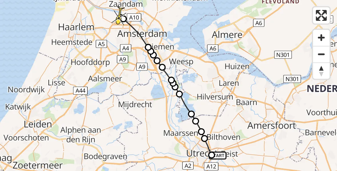 Routekaart van de vlucht: Lifeliner 1 naar Amsterdam Heliport