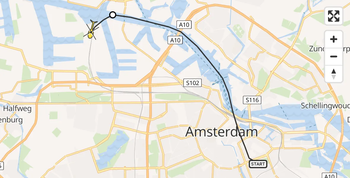Vluchtroute Traumahelikopter van Amsterdam naar Amsterdam Heliport