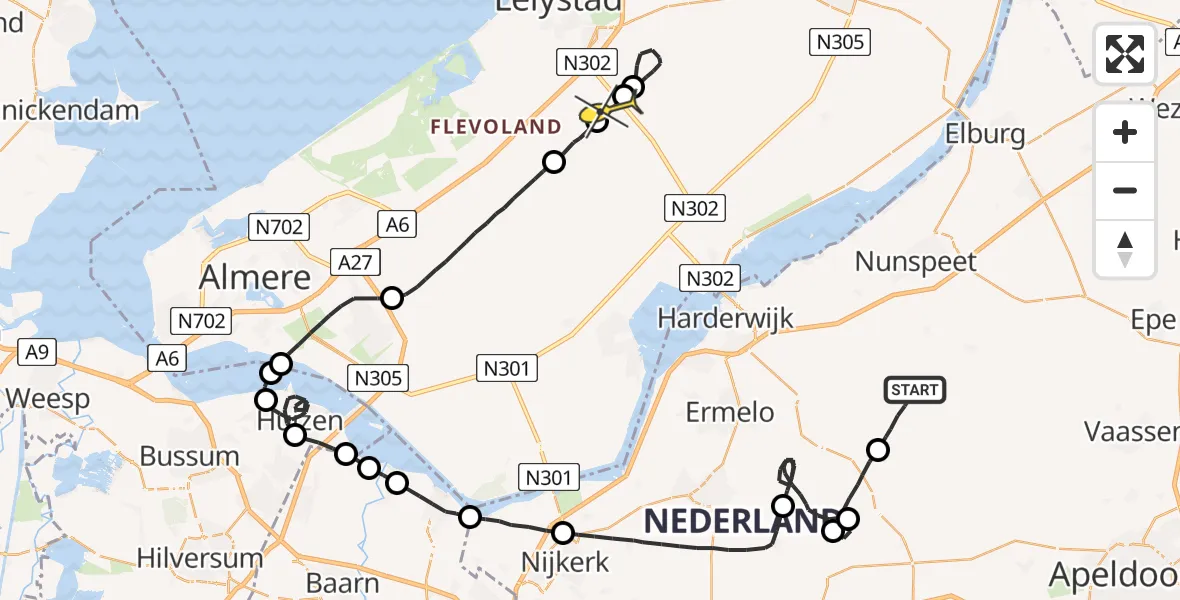 Routekaart van de vlucht: Traumaheli naar Lelystad Airport