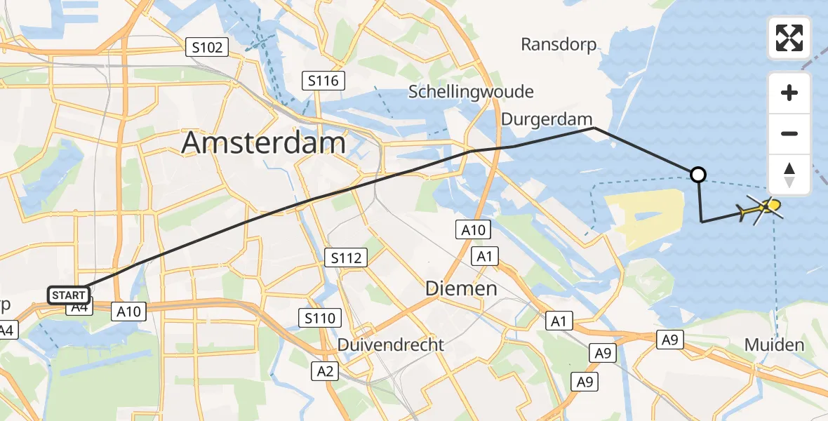 Routekaart van de vlucht: Politiehelikopter naar Muiden
