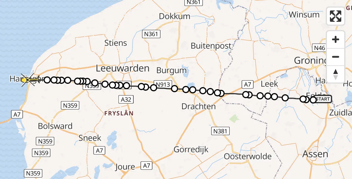 Routekaart van de vlucht: Lifeliner 4 naar Harlingen