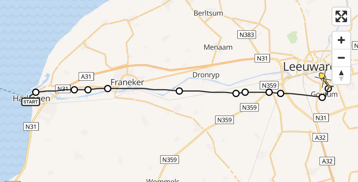 Routekaart van de vlucht: Lifeliner 4 naar Leeuwarden