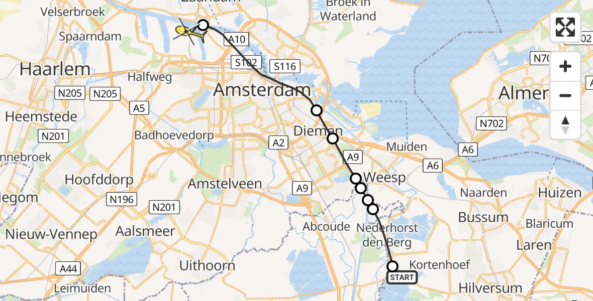 Routekaart van de vlucht: Lifeliner 1 naar Amsterdam Heliport