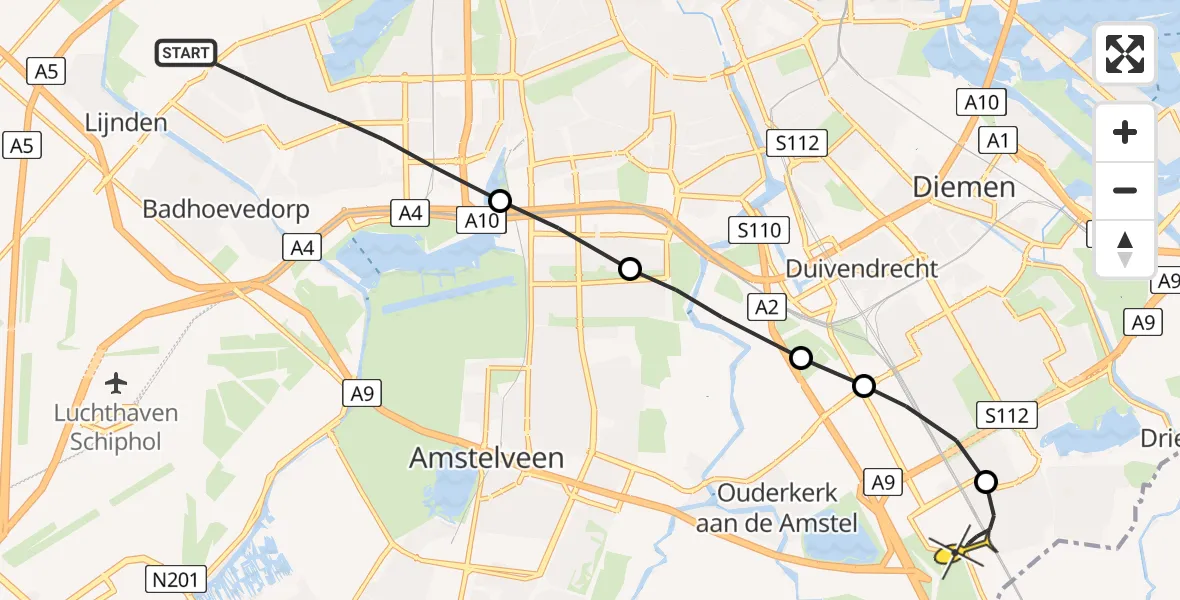 Routekaart van de vlucht: Lifeliner 1 naar Academisch Medisch Centrum (AMC)