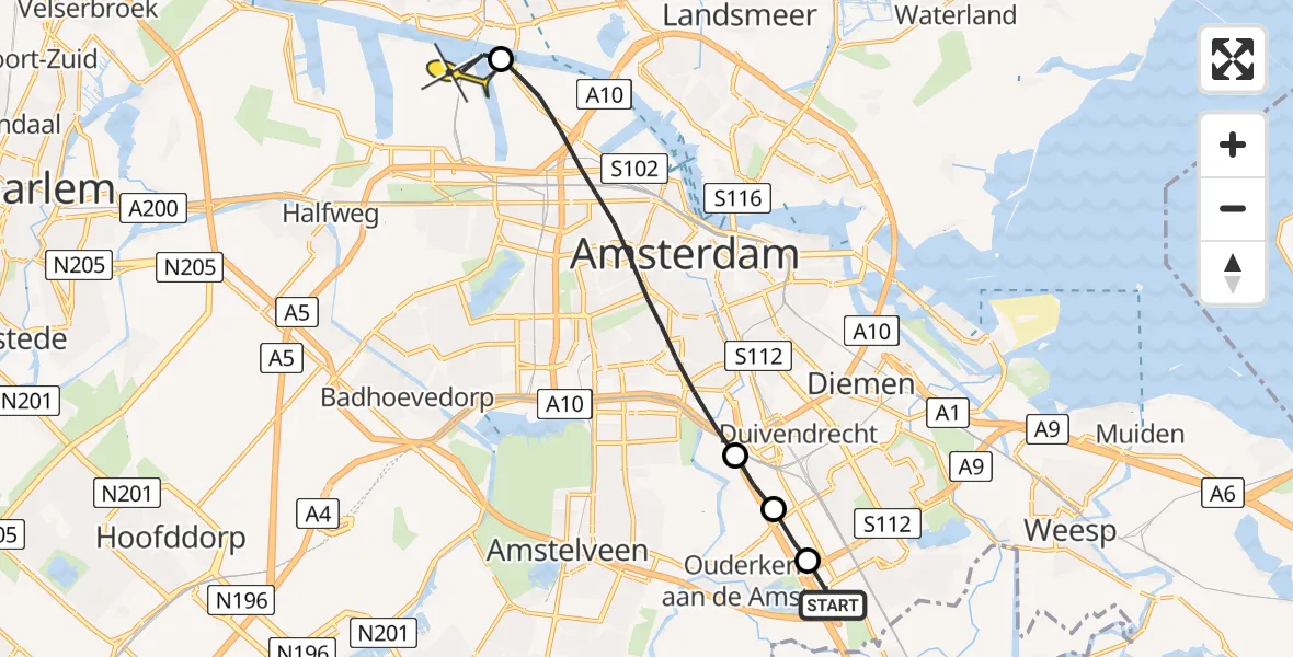 Routekaart van de vlucht: Lifeliner 1 naar Amsterdam Heliport