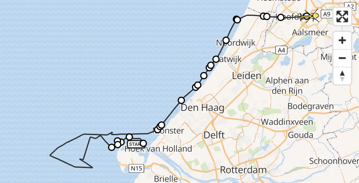 Routekaart van de vlucht: Politiehelikopter naar Luchthaven Schiphol