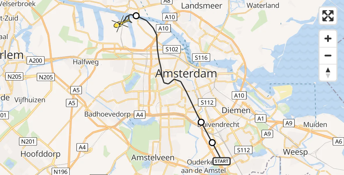 Routekaart van de vlucht: Lifeliner 1 naar Amsterdam Heliport