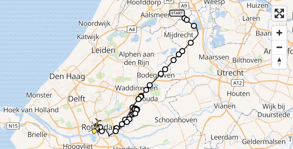 Routekaart van de vlucht: Politieheli naar Rotterdam