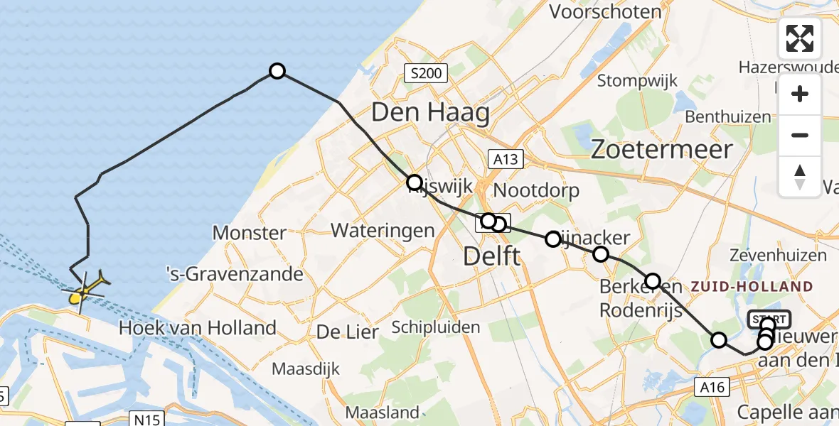 Routekaart van de vlucht: Politiehelikopter naar Hoek van Holland