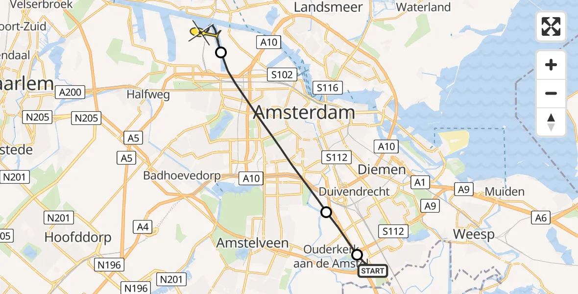 Routekaart van de vlucht: Lifeliner 1 naar Amsterdam Heliport