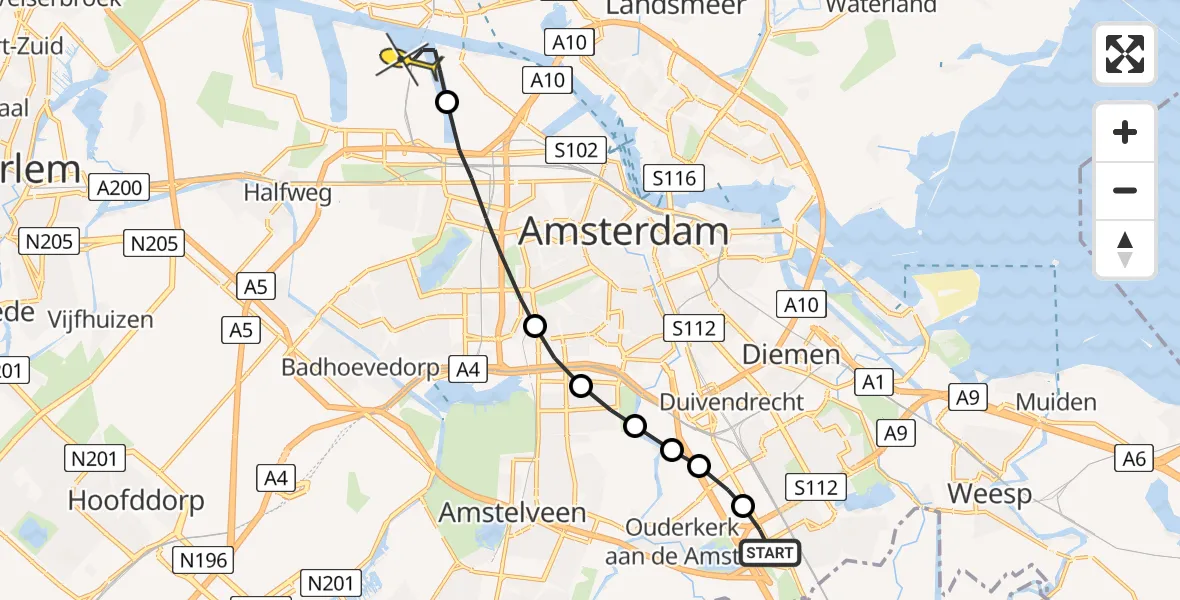 Routekaart van de vlucht: Lifeliner 1 naar Amsterdam Heliport