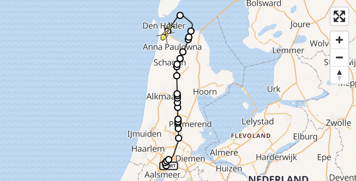 Routekaart van de vlucht: Politieheli naar Vliegveld De Kooy