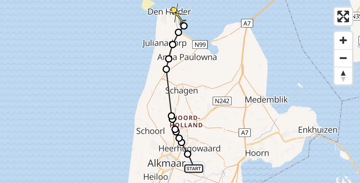 Routekaart van de vlucht: Politieheli naar Den Helder