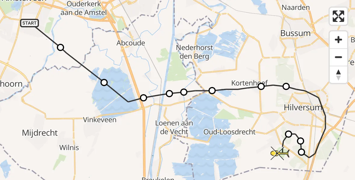 Routekaart van de vlucht: Politieheli naar Vliegveld Hilversum