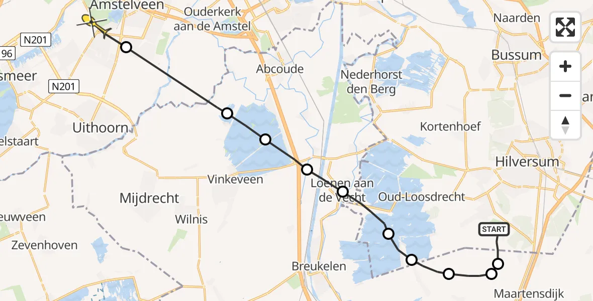 Routekaart van de vlucht: Politieheli naar Aalsmeer