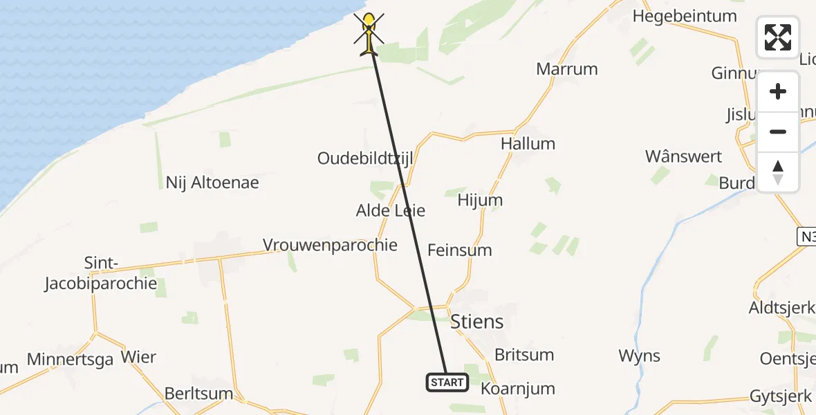 Routekaart van de vlucht: Ambulanceheli naar Oudebildtzijl