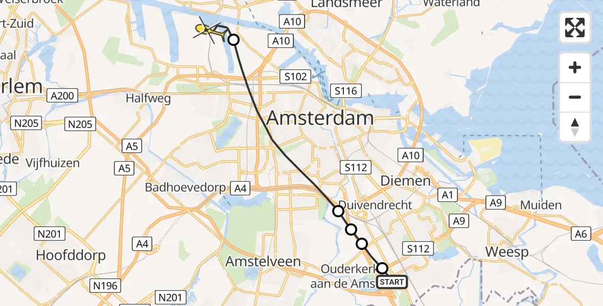 Routekaart van de vlucht: Lifeliner 1 naar Amsterdam Heliport