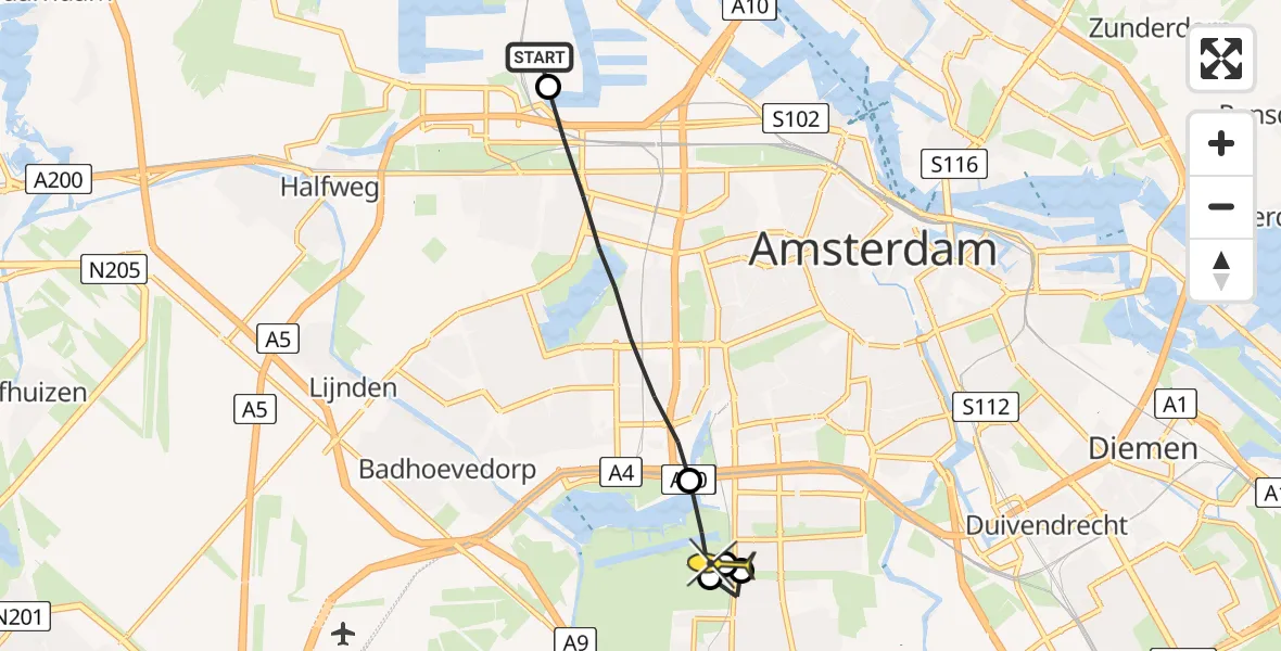 Routekaart van de vlucht: Lifeliner 1 naar Amstelveen