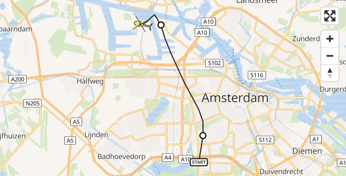 Routekaart van de vlucht: Lifeliner 1 naar Amsterdam Heliport