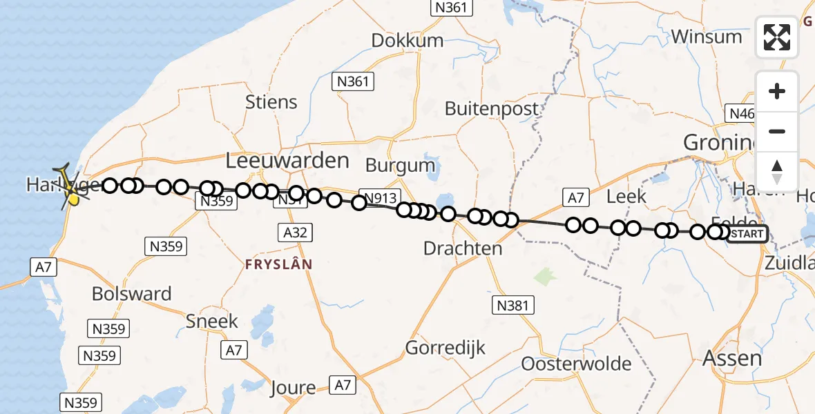 Routekaart van de vlucht: Lifeliner 4 naar Harlingen